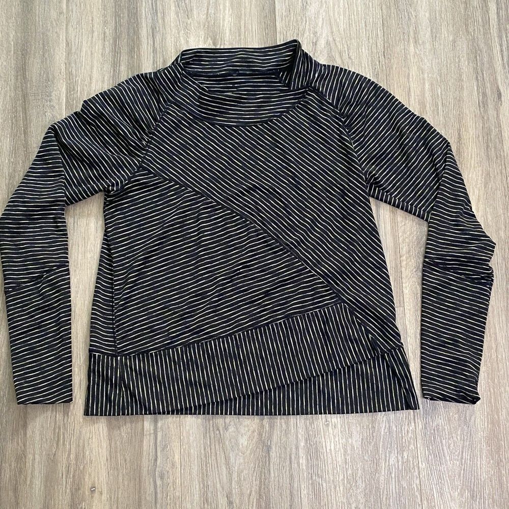 PRANA Top Medium Black Yellow Striped Asymmetric Alicia Pullover Long Sleeve Top